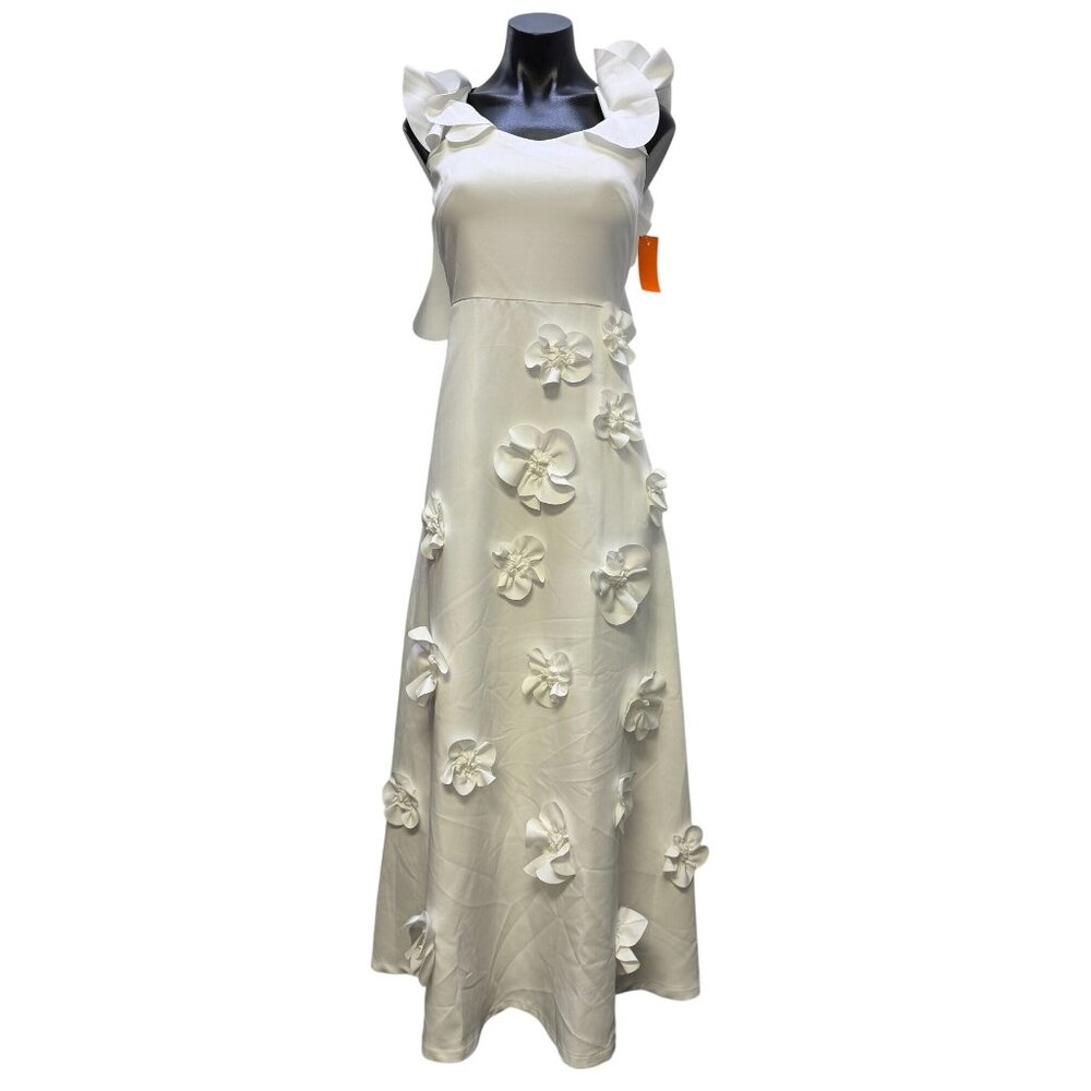 NWT Catchall Embellished White Maxi Dress With 3D Floral Details S